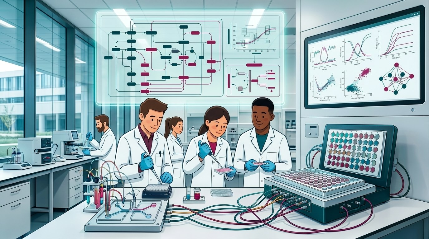 Illustration of a biomedical systems laboratory with multiplex assays, network models, and computational plots.